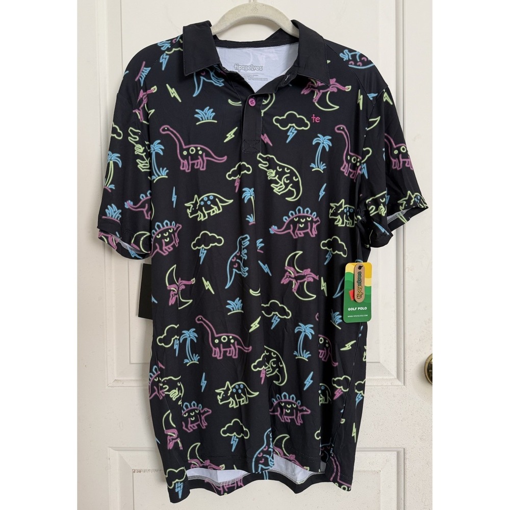 Tipsy Elves Polo Shirt Men's Medium Dinosaur Short Sleeve Collared NEON NWT